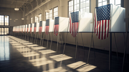 Line of voting privacy booths at an empty polling station, USA Election Day. - obrazy, fototapety, plakaty