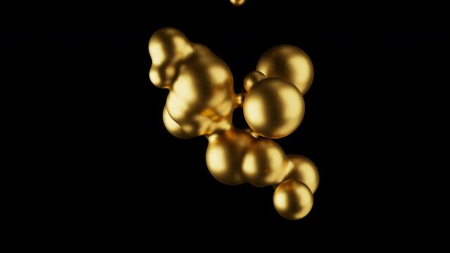 3D animation of abstract smooth volume object. Abstract morph golden liquid form on black background. 4k seamless loop animated template
