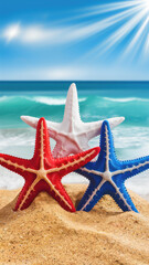 Fototapeta na wymiar Trio of Colorful Red, White, and Blue Starfish on a Sunny Beach: Copy-space