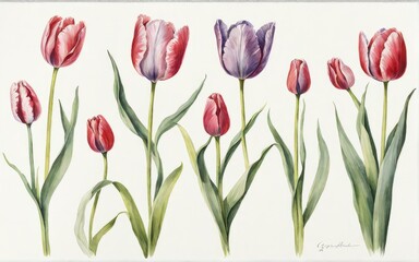Luxurious representation of tulip flowers, scattered in an attractive composition on a white surface, emitting grace and style.