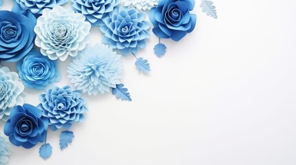 Spring or summer floral background with blue roses and chrysanthemums on white pastel colored paper. Flat lay, top view, copy space concept in the style of various artists - obrazy, fototapety, plakaty