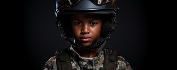 Obraz premium Afro kid wearing military uniform with camouflage fatigues, helmet, banner. Generative Ai,