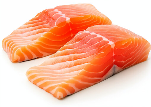 Fresh salmon sashimi slices with a vibrant orange hue with green parsley leaf, Delicious fresh salmon meat pictures