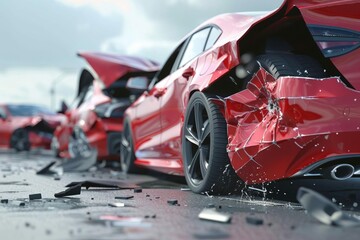 Damaged cars after accident on road, copy space banner for insurance or safety concept, 3D illustration - obrazy, fototapety, plakaty