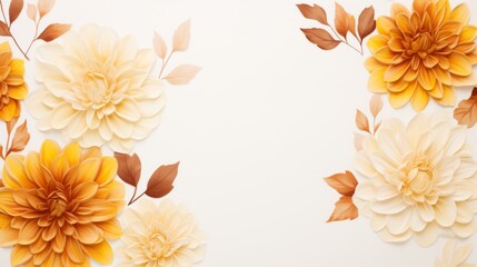 Spring or summer floral background with yellow and orange roses and chrysanthemums on white pastel colored paper. Flat lay, top view, copy space concept in the style of various artists - obrazy, fototapety, plakaty