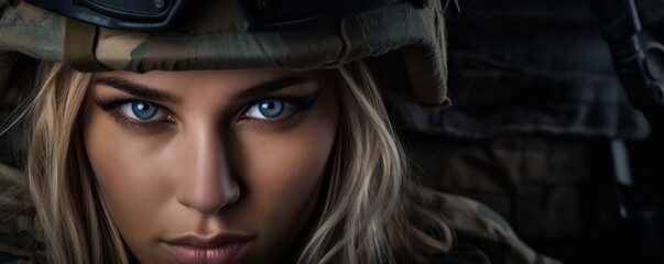 European woman wearing military uniform with camouflage fatigues, helmet, banner. Generative Ai,