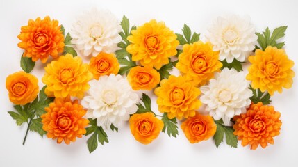 Obraz na płótnie Canvas Spring or summer floral background with yellow and orange roses and chrysanthemums on white pastel colored paper. Flat lay, top view, copy space concept in the style of various artists