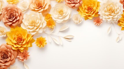 Obraz na płótnie Canvas Spring or summer floral background with yellow and orange roses and chrysanthemums on white pastel colored paper. Flat lay, top view, copy space concept in the style of various artists.