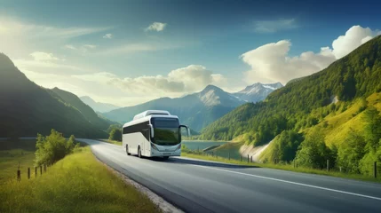 Foto op Plexiglas White Modern comfortable tourist bus driving through highway at bright sunny sunset. Travel and coach tourism concept. Trip and journey by vehicle © May