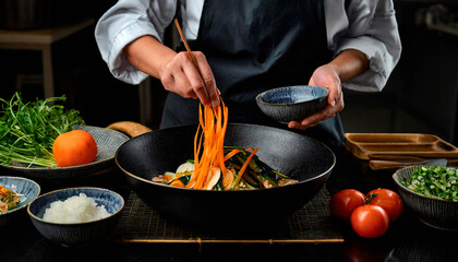 cocinero japonés preparando un wok de verduras - obrazy, fototapety, plakaty