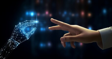The human hand and robot finger touch a digital hologram of an artificial intelligence concept in the style of artificial intelligence technology for future business work on a dark blue background - obrazy, fototapety, plakaty
