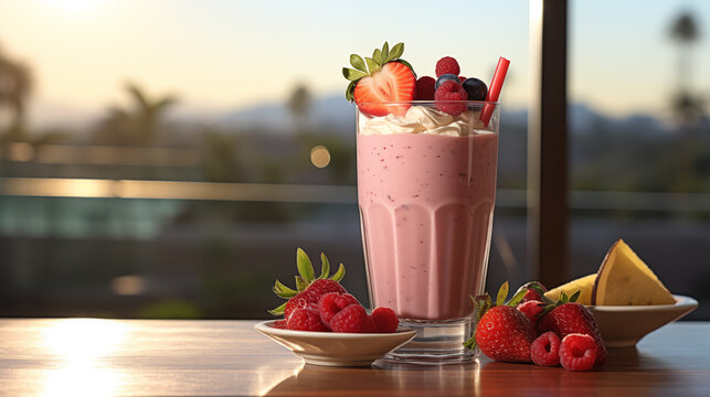 A glass of fresh milk fruit and berry cocktail with cream, stands on the table indoors, at sunset