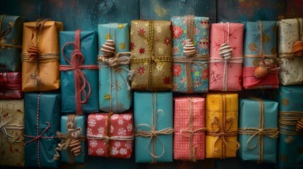 A Colorful Array of Festive Wrapped Gifts Displayed