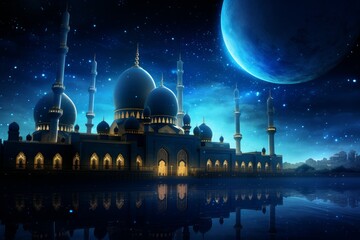 Fototapeta premium Silent Mosque stars night. Crescent night. Generate Ai