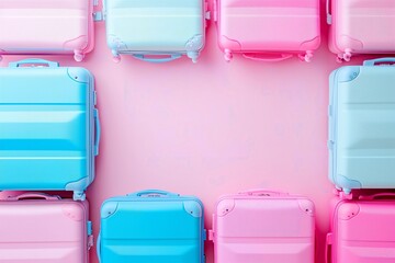 suitcases pink and blue on a pink background with space for text in the center, moving with belongings and traveling