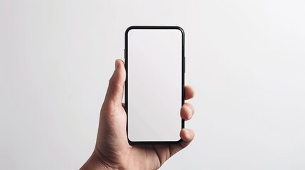 Person's hand holding smartphone with black frame and blank screen isolated on white background. For mock-up design and template.