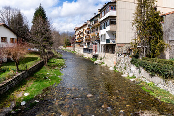 Fototapeta na wymiar River Ter as it passes by the houses in the town of Camprodon in Girona, Spain.