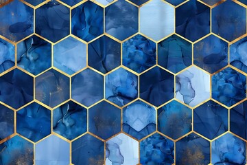Seamless abstract geometric pattern with gold foil outline and deep blue watercolor hexagons....