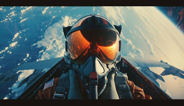 Portrait wide-angle a pilot in an advanced fighter jet, wearing mask and helmet In cockpit, flying through space. Close-up shot 3d rendering background.