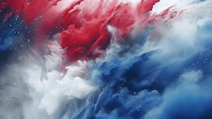 Red white and blue color powder splash. july 4th celebration. American flag for Memorial Day, white graves, 4th of July, Labour Day. - obrazy, fototapety, plakaty