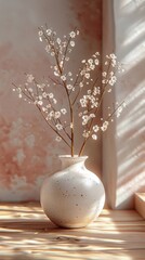 White Vase With White Flowers on Wooden Table