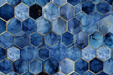 Seamless abstract geometric pattern with gold foil outline and deep blue watercolor hexagons. Vector seamless geometric pattern with gold foil outline and deep blue watercolor  - obrazy, fototapety, plakaty