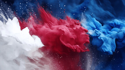 Red white and blue color powder splash. july 4th celebration. American flag for Memorial Day, white graves, 4th of July, Labour Day. - obrazy, fototapety, plakaty