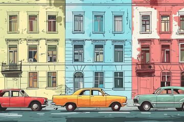 Series of vintage backgrounds decorated with retro cars and old city street views. Hand drawn...