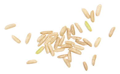 Fresh long brown rice, uncooked and hulled, isolated on white, top view
