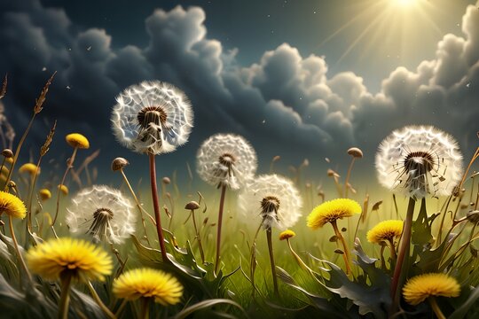 Fototapeta abstract background of dandelions on the lawn in summer