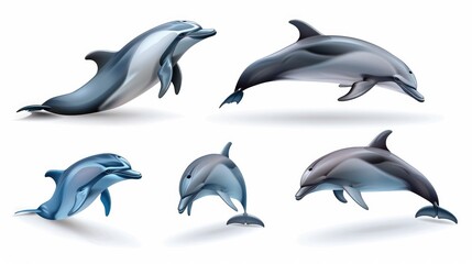 Cute photo realistic animal dolphin set collection. Isolated on white background
