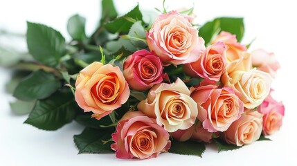 Bouquet of multicolored roses with soft focus on a white background.