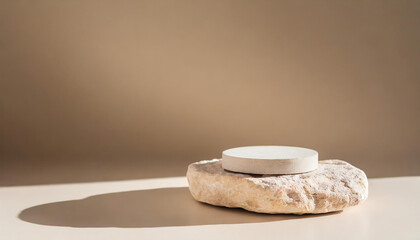 Rough stone podium for presentation, pastel beige tones. Podium for presentation.