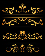 Set of vintage gold dividers element set. Golden design elements on the black background