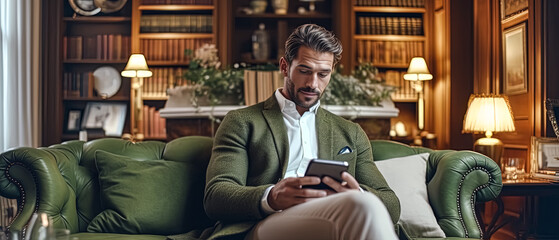 A man in a green jacket is sitting on a couch and reading a tablet. The room is filled with books, and there is a potted plant in the background. The atmosphere of the image is cozy and comfortable
