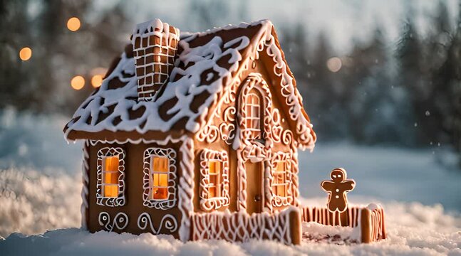 Nestled among a snowy landscape, the gingerbread house stands as a whimsical masterpiece, its walls adorned with sugary confections and chocolate.