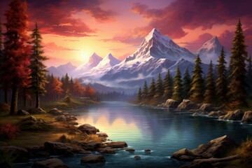 Tranquil Mountains art sunset lake. Landscape view. Generate Ai - obrazy, fototapety, plakaty
