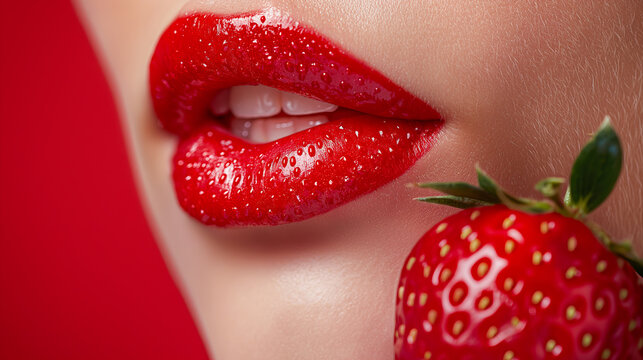 Vibrant Whispering Red Lips - Close-up of vibrant red lips with dewdrops, exuding freshness and a sensual appeal - Seductive concept ad
