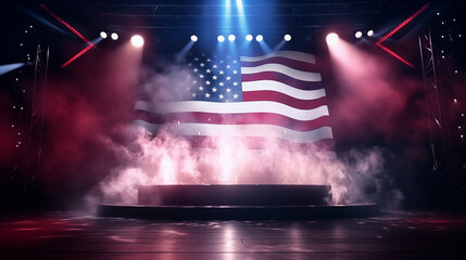 Stage with spotlight, red, white and blue smoke and particle effects, great for 4th of July backdrop. - obrazy, fototapety, plakaty