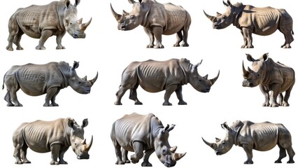 Cute photo realistic animal rhino set collection. Isolated on white background - obrazy, fototapety, plakaty