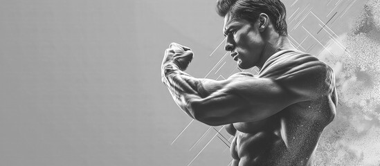 Dynamic Muscle and Strength Banner Design - Monochromatic illustration of a muscular man flexing, concept of power and fitness with copy space