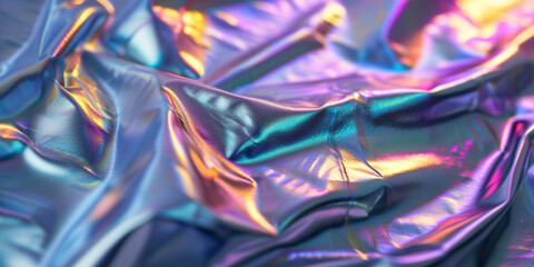 Blurred abstract Modern pastel colored holographic background in 80s style. Crumpled iridescent foil real texture. Synthwave Vaporwave style. Retrowave, retro futurism, webpunk. Rainbow foil for print
