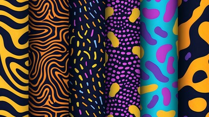 Seamless patterns, abstract organic lines color backgrounds set. Biological patterns with yellow, purple and blue memphis dots, irregular squiggle lines and abstract shape texture