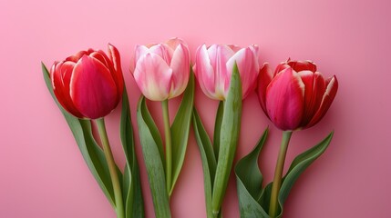 Bouquet of pink tulips on a pastel pink background, top view with copy space.