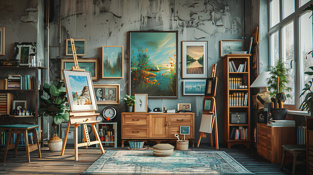 Unique artist workspace interior with stylish teak commode, wooden easel, bookcase, artworks, painting accessories, decoration and elegant personal stuff