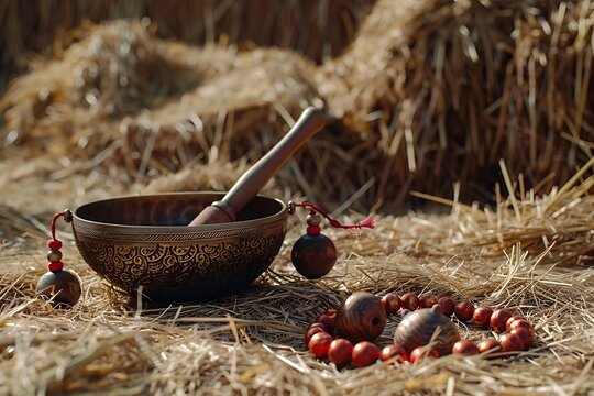 Tibetan singing bowl, mala beads and tibetan cymbals sitting in some hay