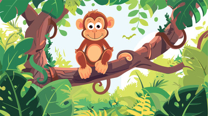A monkey on a tree in the jungle. Coloring page for