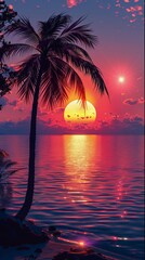 Vibrant Sunset Behind a Palm Tree