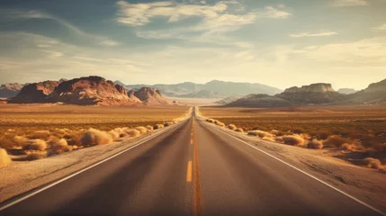 Fotobehang Panorama view of an endless straight road running through the barren scenery of the American Southwest with extreme heat haze on a beautiful hot sunny day with blue sky in summer © May