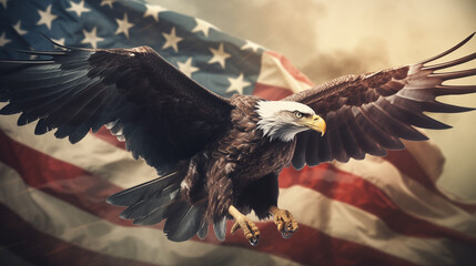 The national symbol of the USA. Eagle flying with USA flag in the background. Digital art.